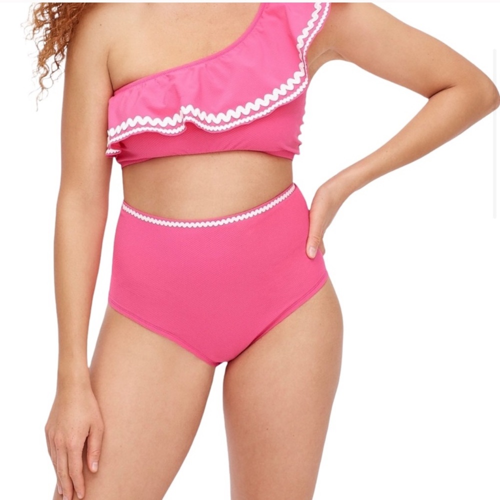 J. Crew One Shoulder High Waisted Rickrack Bikini in Sweet Briar Size Medium NWT